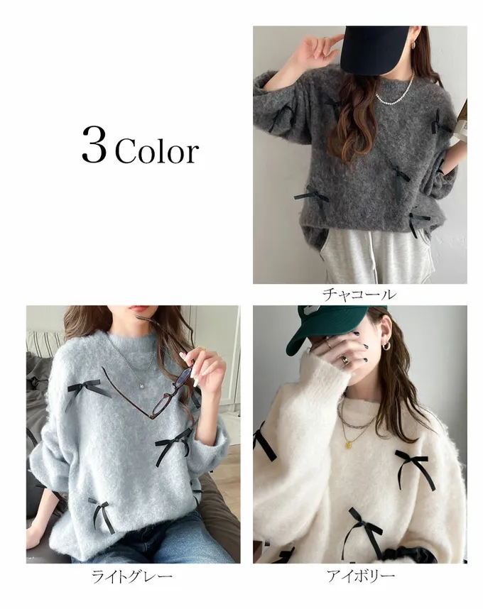 日本 Classical Elf - 甜美滿點 毛海蝴蝶結浪漫毛衣-白