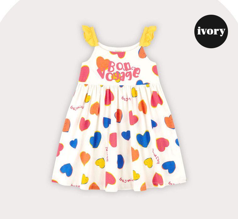 韓國 HEJMINI - 多彩愛心荷葉背心洋裝-象牙白