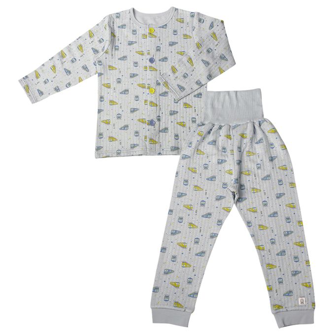 akachan honpo - 長袖家居服 穿衣練習-前開式 電車-藍色