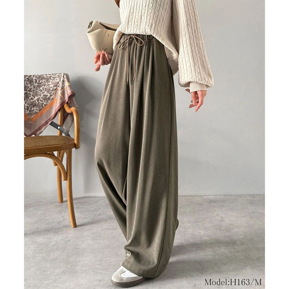 立體版型綁帶寬鬆舒適長褲-咖啡