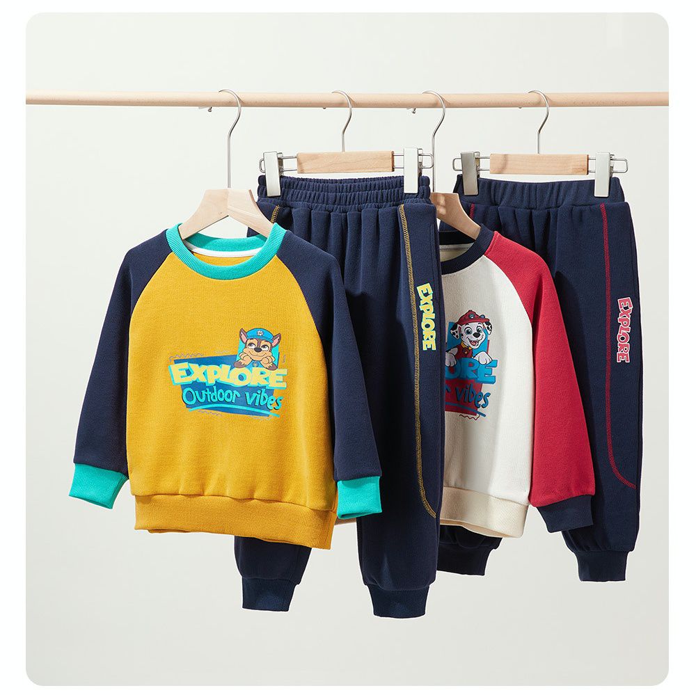 卡通汪汪隊圓領拼色長袖套裝-卡通人物阿奇-黃+深藍