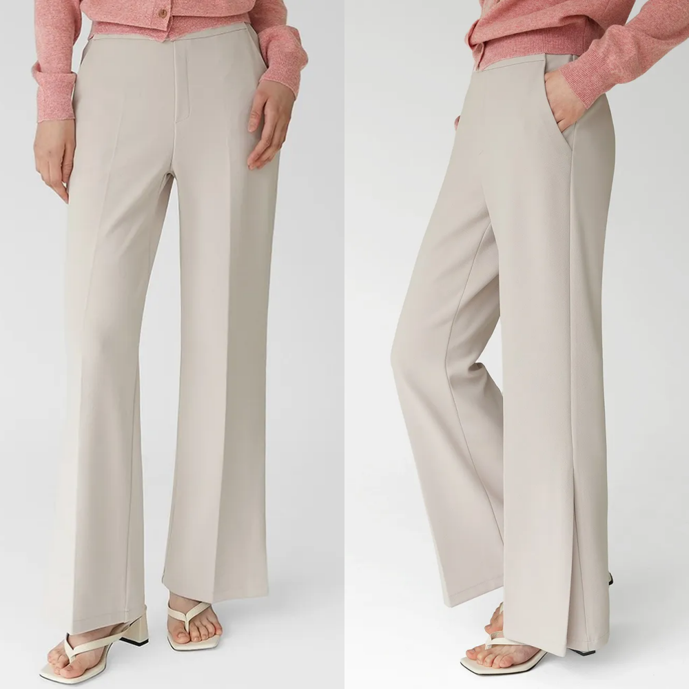 Domingoblue 後鬆緊腰職感美型寬鬆抓褶喇叭褲-象牙白