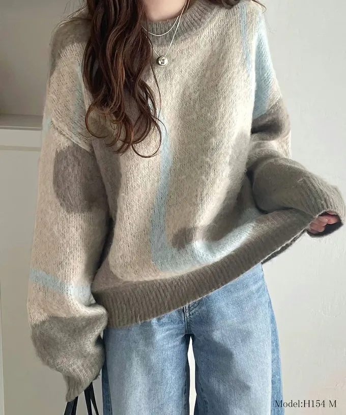 日本 Classical Elf - 歐風毛絨感波浪印花毛衣-寶藍x黃