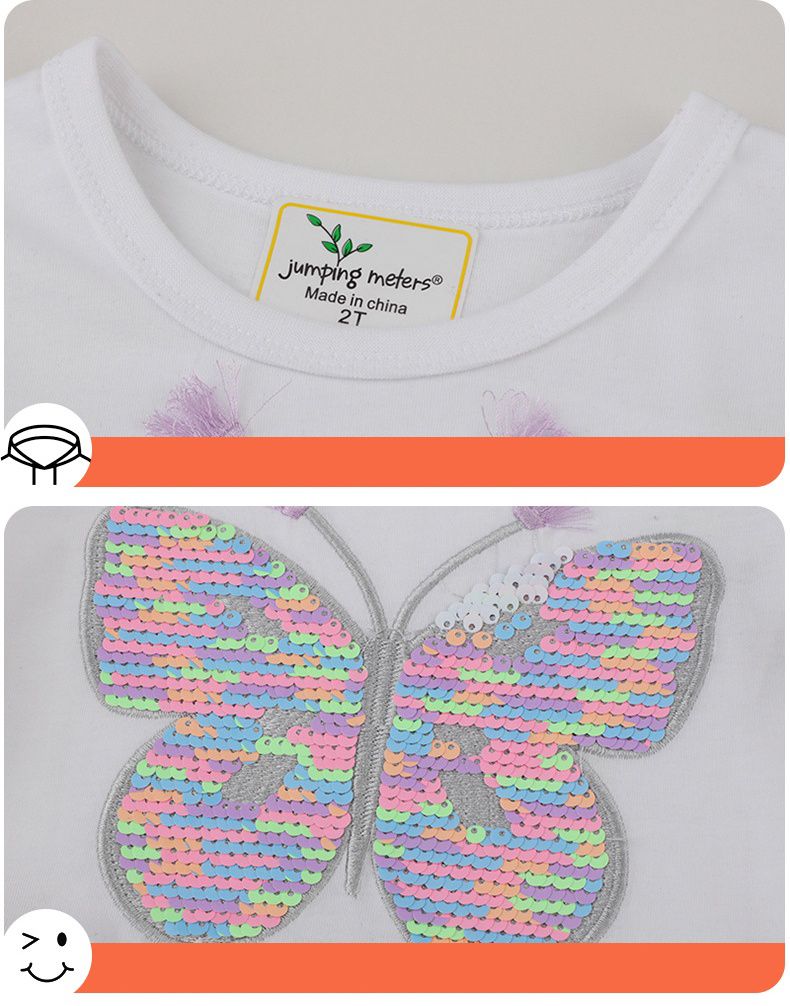 Jumping meters - 棉質圓領短袖網紗洋裝-滿滿亮片蝴蝶-白色