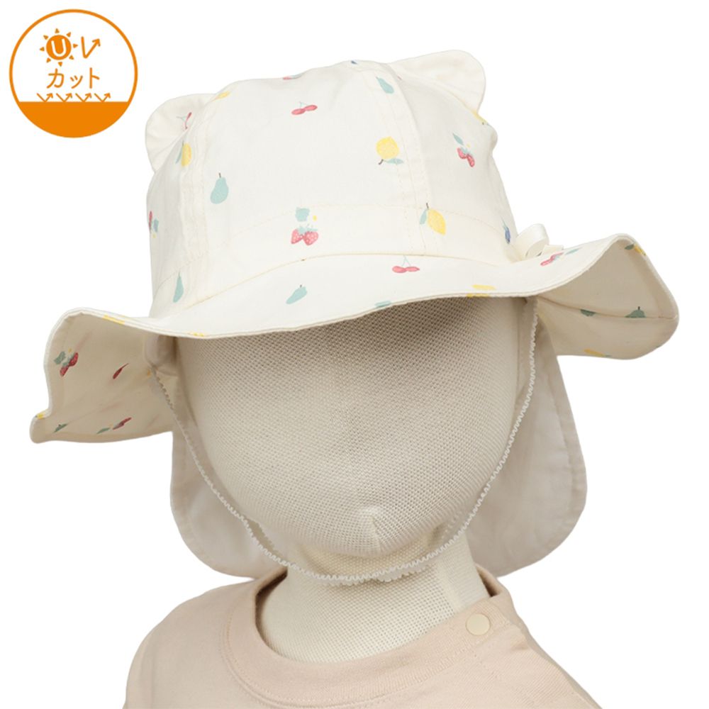 小耳朵造型帽-水果 附防曬遮陽布-米白色