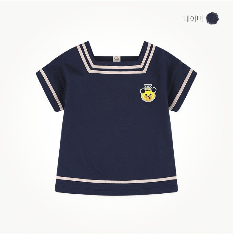 韓國 milk mile - 黃熊刺繡方形領套裝-海軍藍