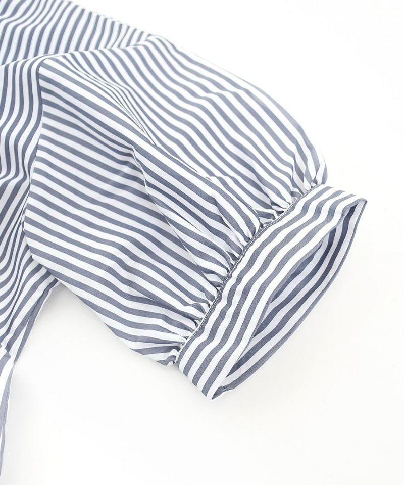 日本 zootie - 文藝感泡泡袖排釦魚尾洋裝-直條紋