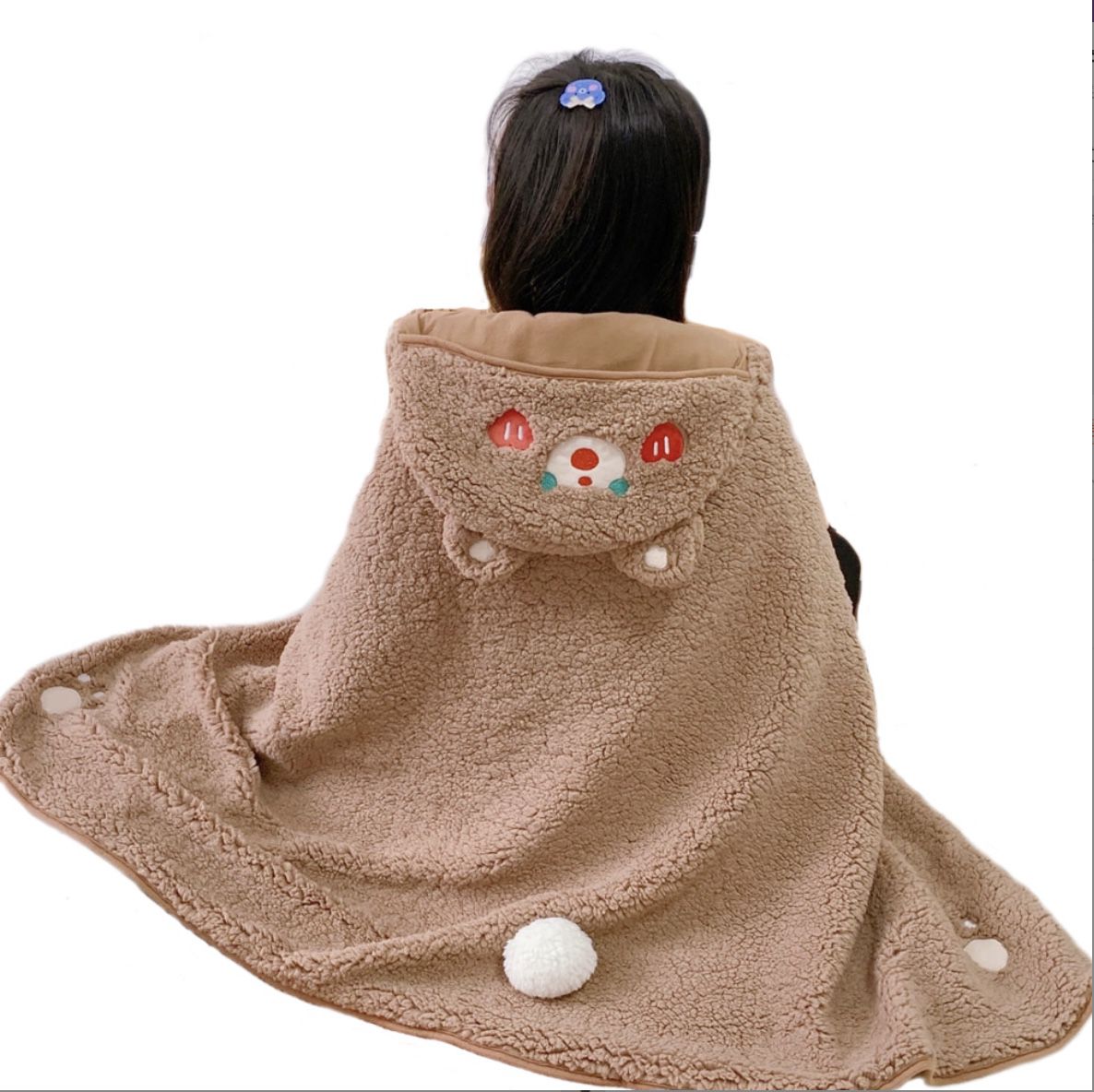 棉花絨刺繡卡通小熊連帽披風保暖毯午休毯-連帽披風毯-咖啡色-146.5 x 90.5 cm
