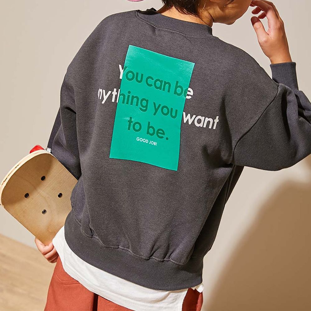 裏起毛個性印花大學T-方塊標語-炭灰