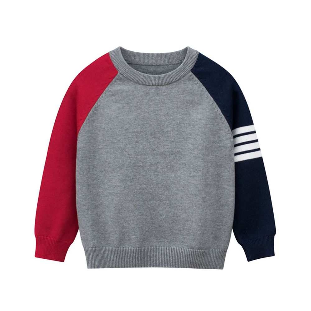 27KIDS - 純棉針織長袖毛衣-撞色條紋-藍紅