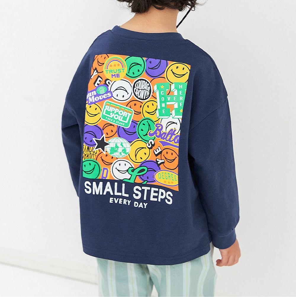 春季俏皮印花薄長袖上衣-背後滿版笑臉-海軍藍