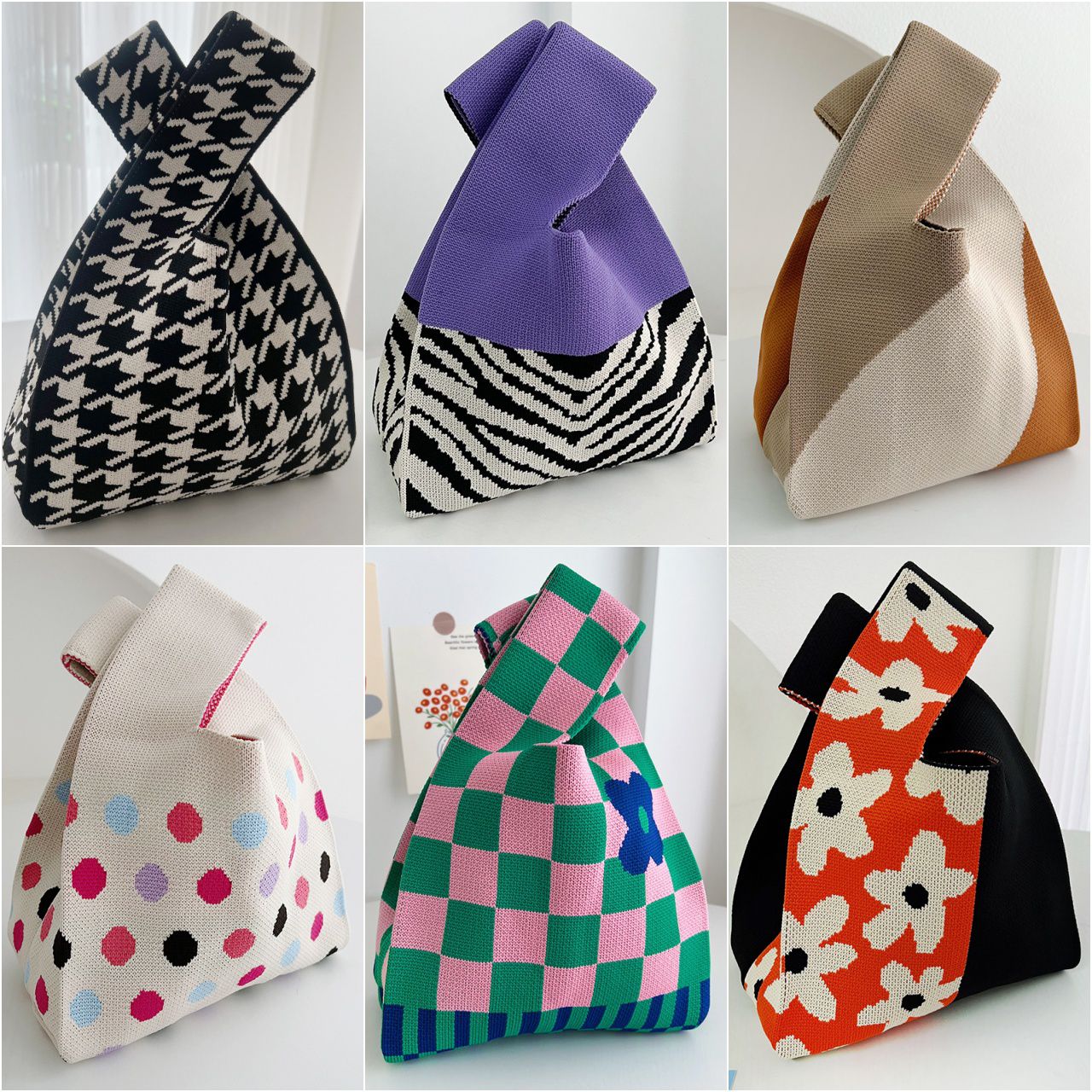 輕便休閒針織手拿包/手提包-黑白條紋-黑+白 (20x35cm)