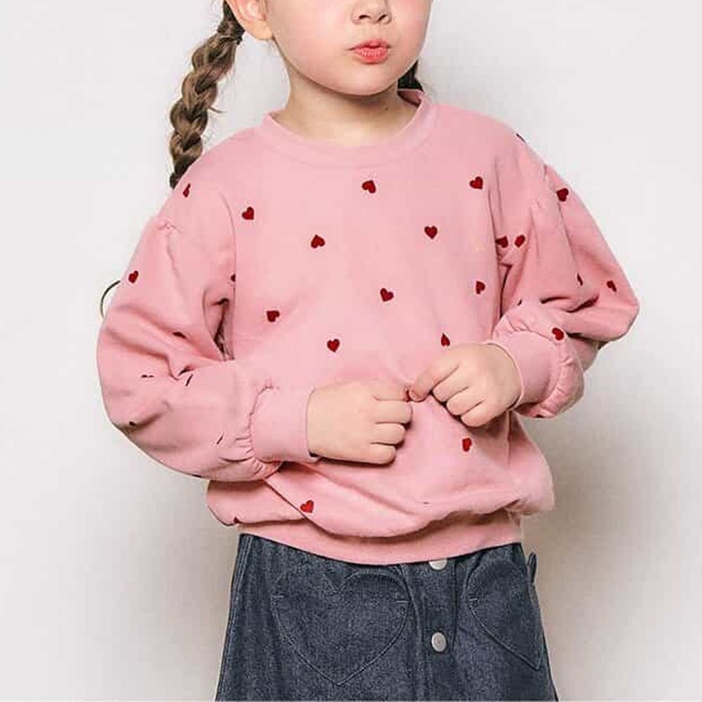 女孩印花落肩縮口長袖上衣-愛心-粉紅