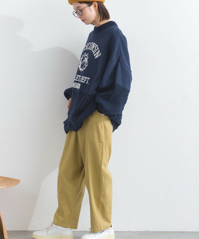 日本 Lupilien - 鬥牛犬印花粗針織拼接裏毛長袖上衣-米白