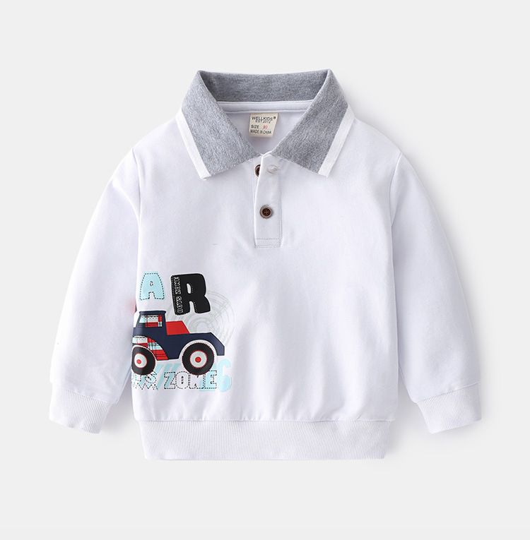 WELLKIDS - 時尚翻領假兩件長袖上衣/大學T-汽車-深藍+灰