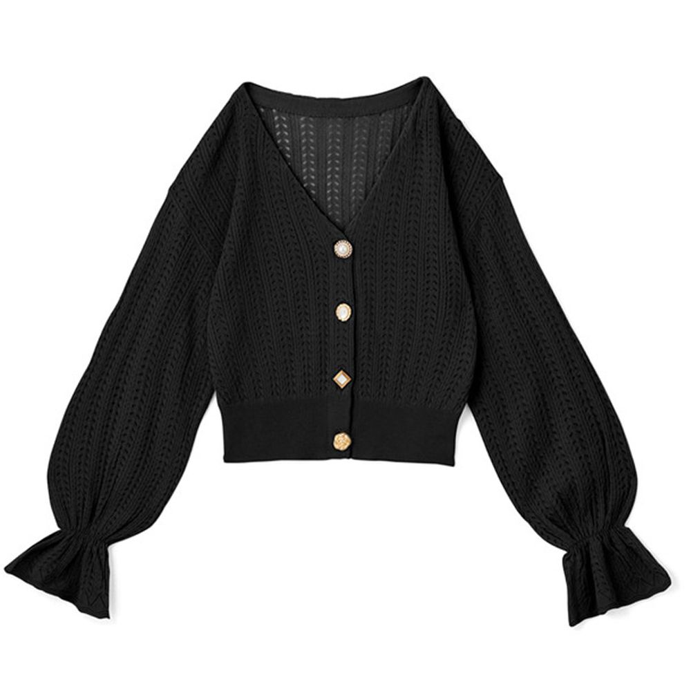 日本 GRL - 鏤空針織糖果袖薄外套-黑