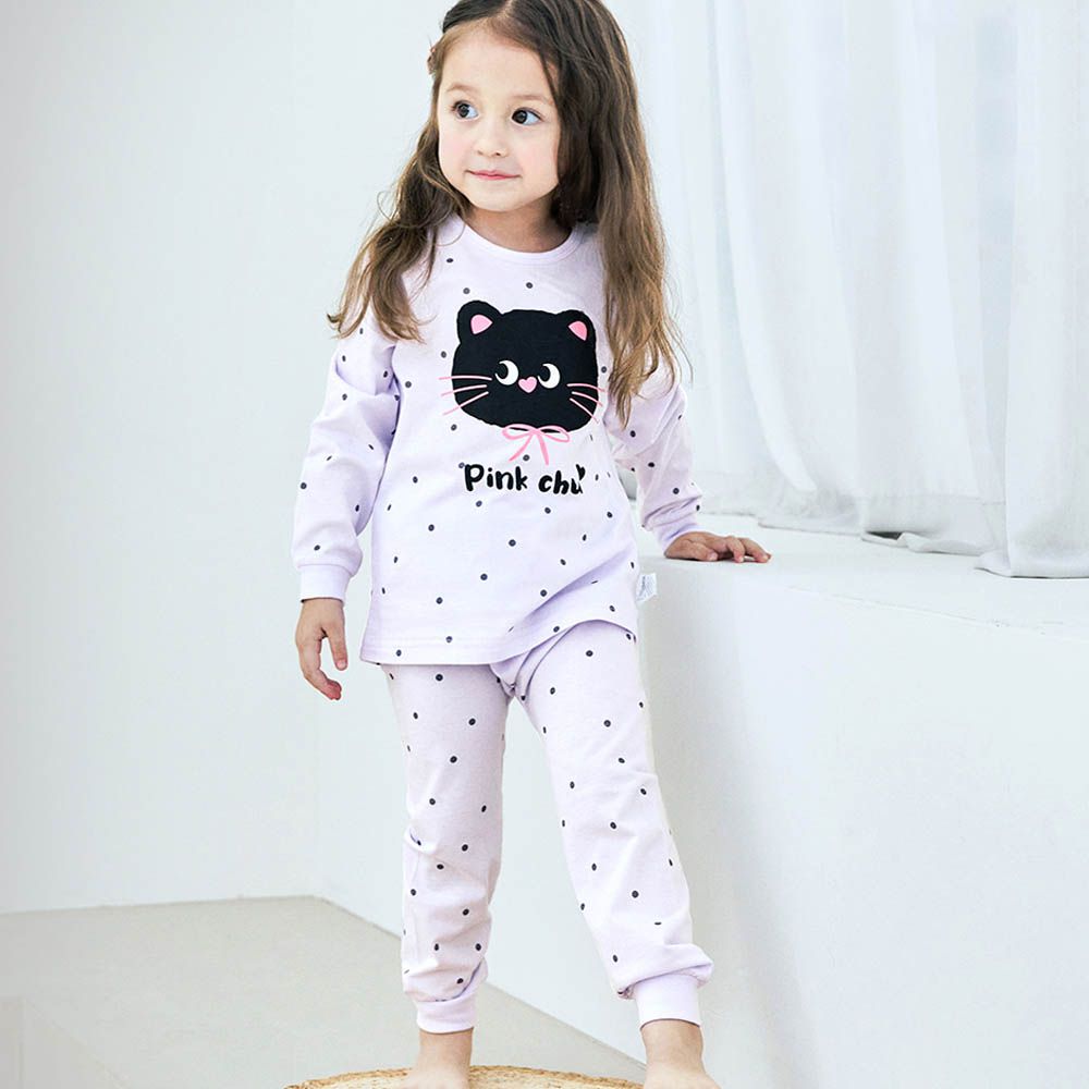 細緻柔棉薄長袖家居服-點點黑貓-淺紫