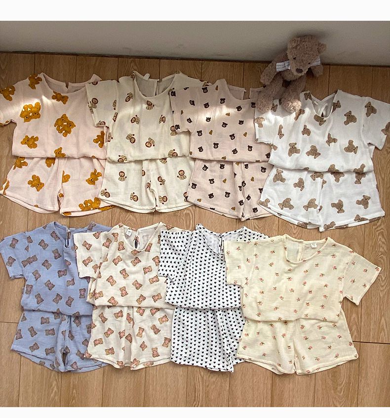 紗布棉短袖家居服套裝-小碎花-奶油色