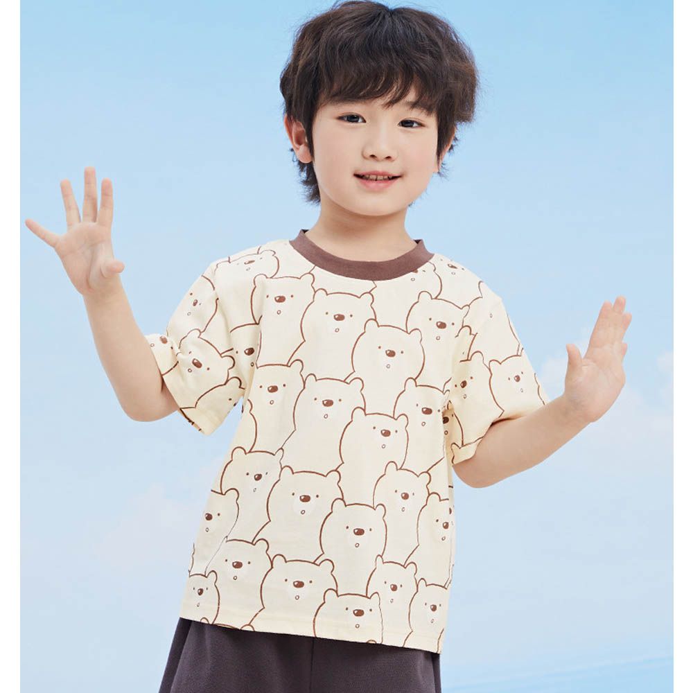 純棉圓領短袖上衣-線條小熊-米杏