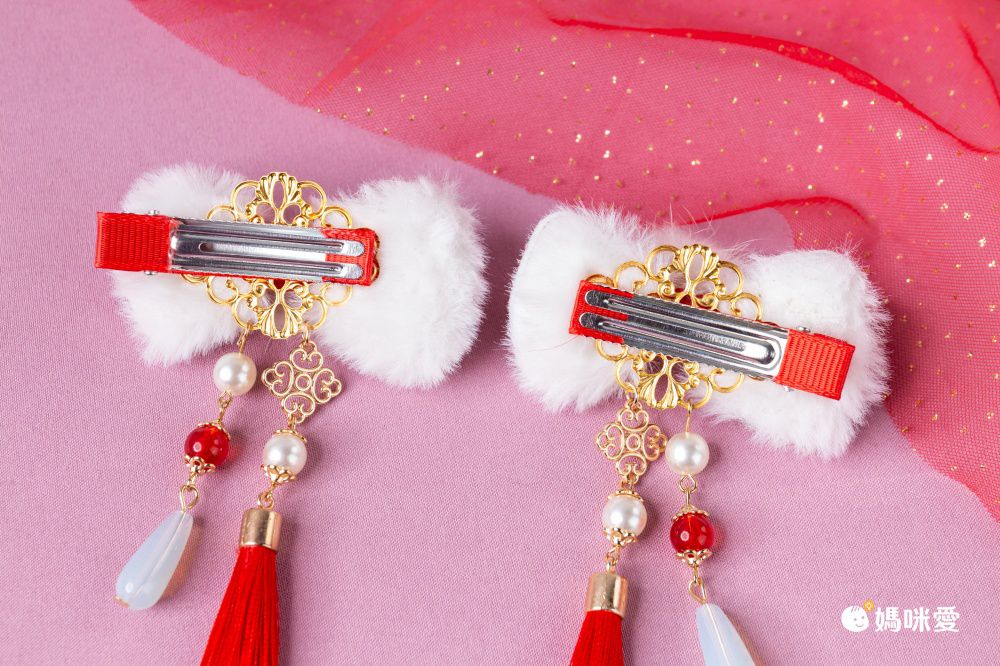 兔年喜氣洋洋拜年兒童髮飾-蝴蝶結+小金兔-紅色