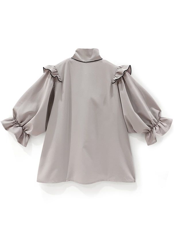 日本 GRL - 蝴蝶結荷葉蕾絲領短袖襯衫-煙燻粉