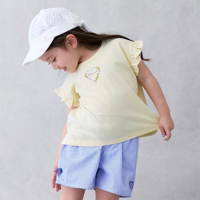 日本 petit main - 可愛荷葉袖短袖上衣-愛心-淺黃