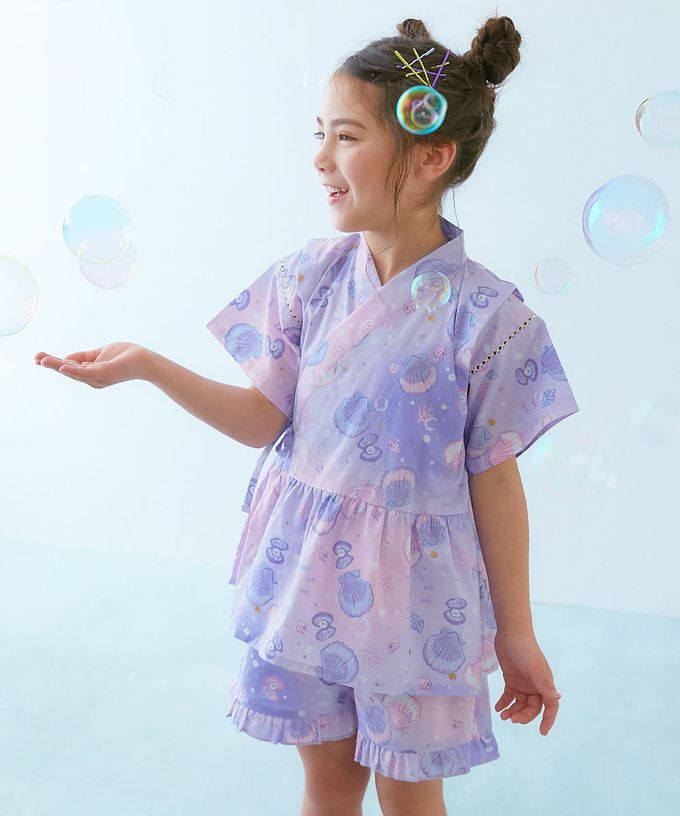 日本 devirock - [推薦]夢幻女孩荷葉邊甚平套裝-貝殼-粉紫