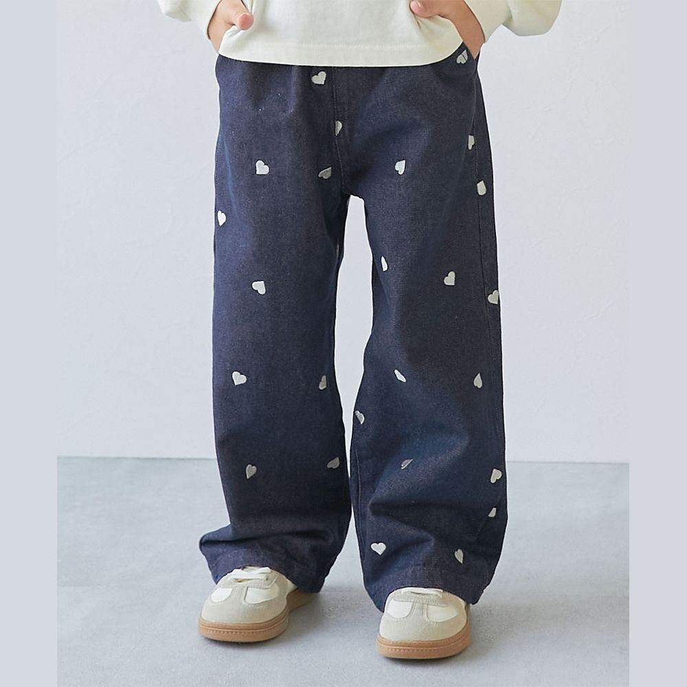 甜美亮麗刺繡刷色丹寧寬褲-愛心-深藍