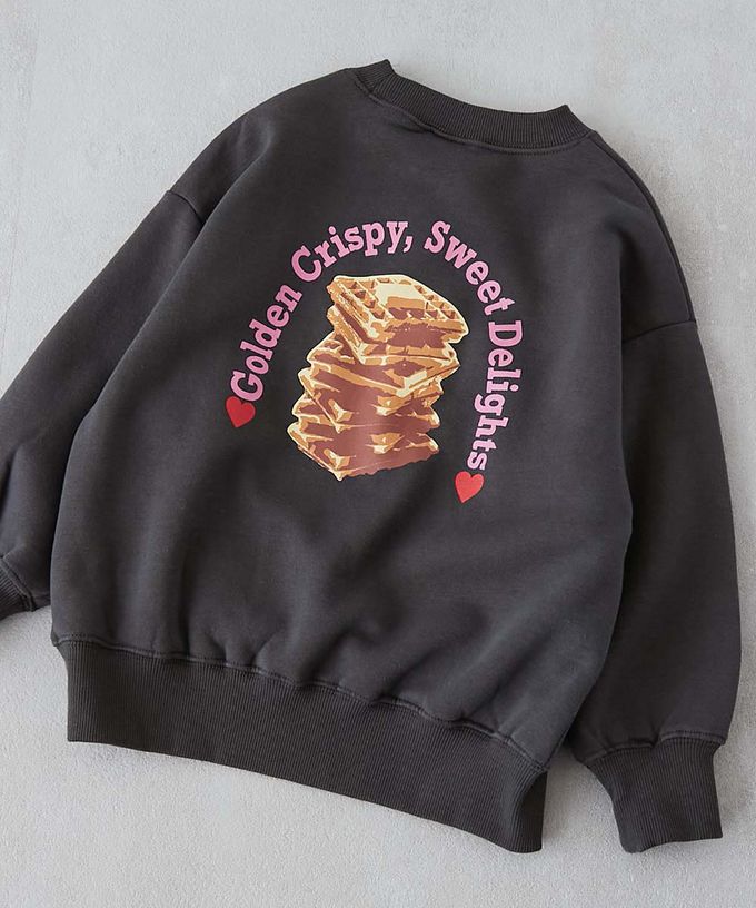 日本 devirock - 裏起毛女孩印花大學T-鬆餅-紫丁香