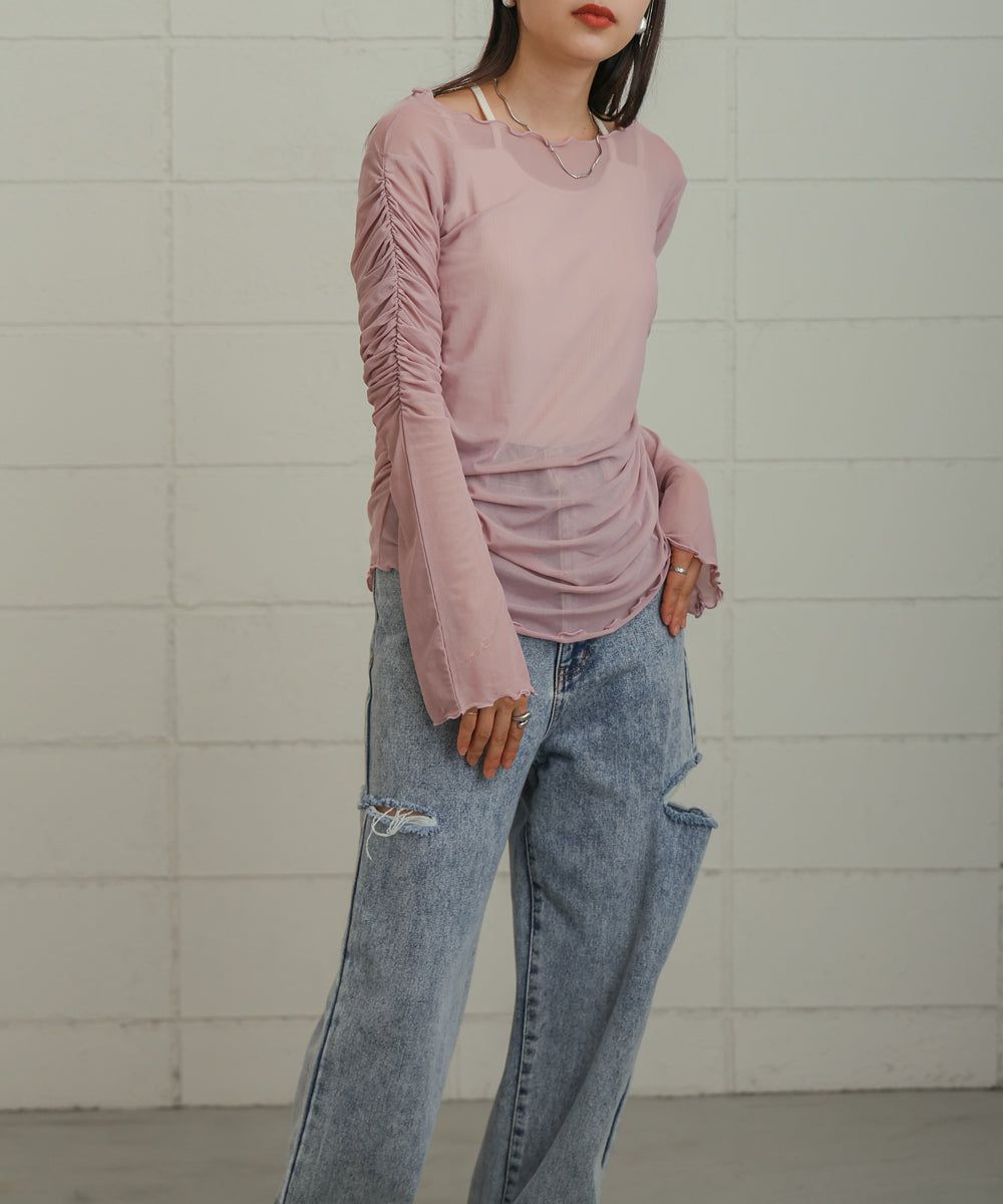 日本 Bab - 時尚透感抓皺長袖內搭/上衣-深可可