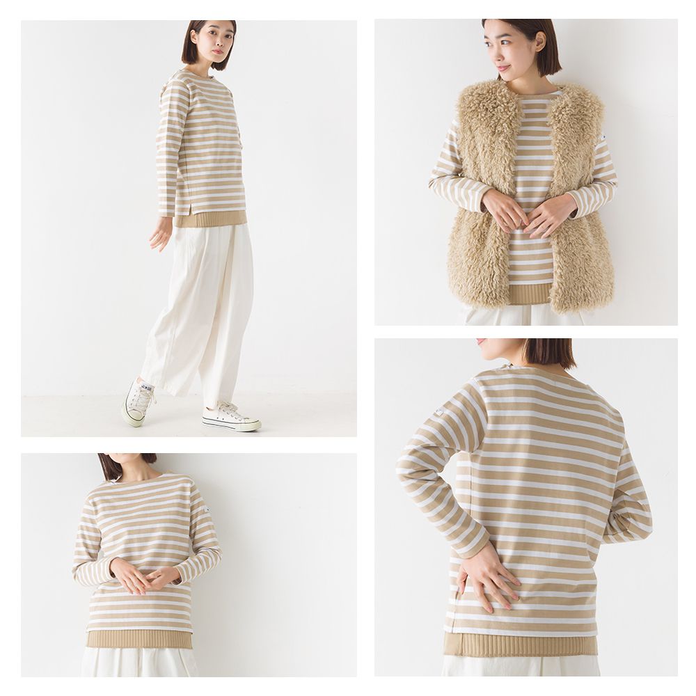 日本 OMNES - 顯瘦船領純棉薄長袖上衣-條紋-杏x白