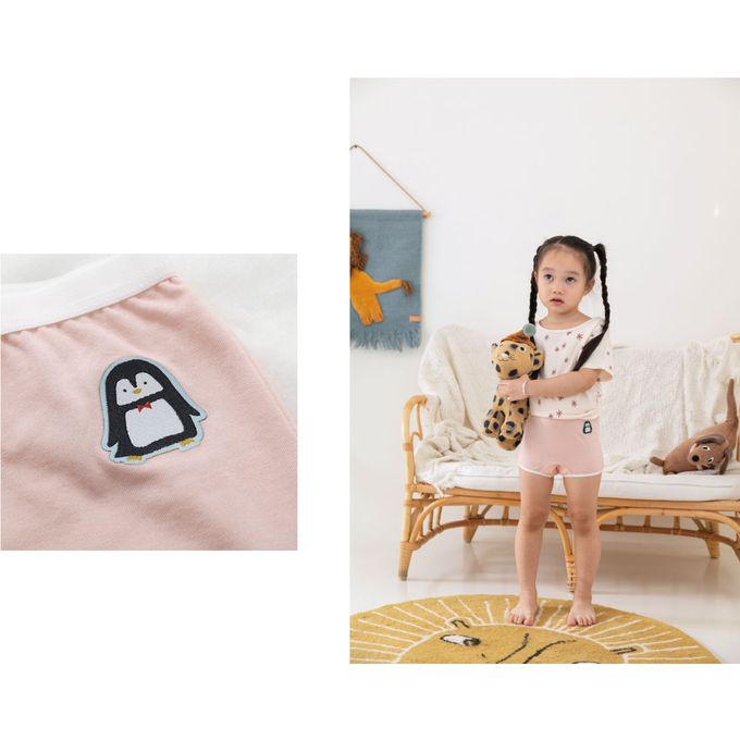 貝柔 Peilou - 天絲棉舒膚平衡童女平口褲-貼布繡-企鵝-橘