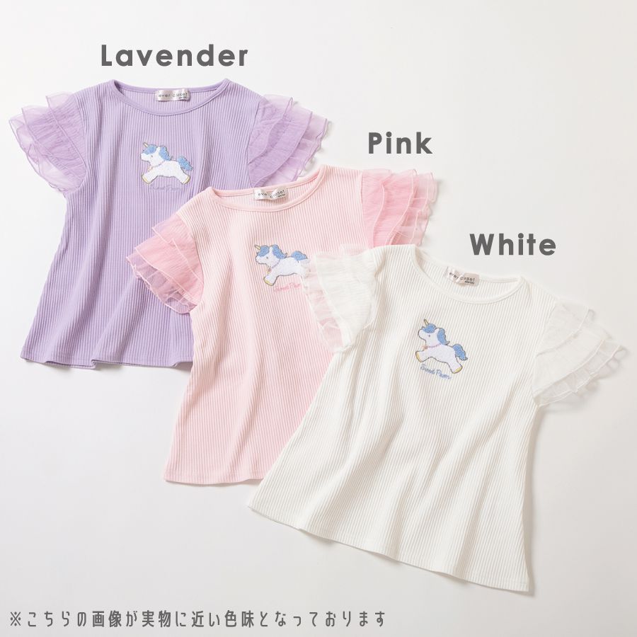 日本 evercloset - 柔軟羅紋獨角獸印花蕾絲袖上衣-粉紅