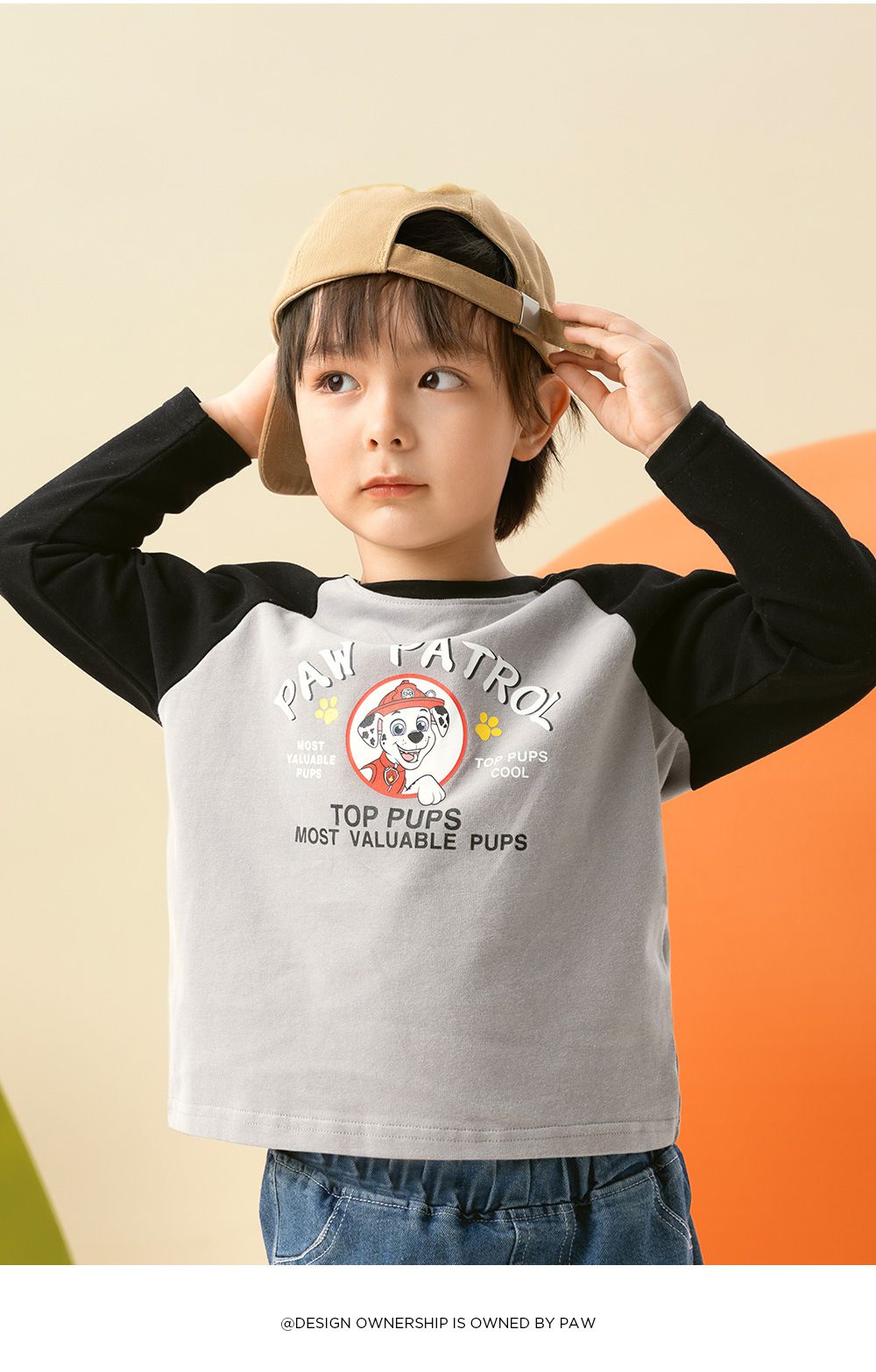 卡通汪汪隊純棉圓領長袖上衣-卡通人物小礫-黃+灰