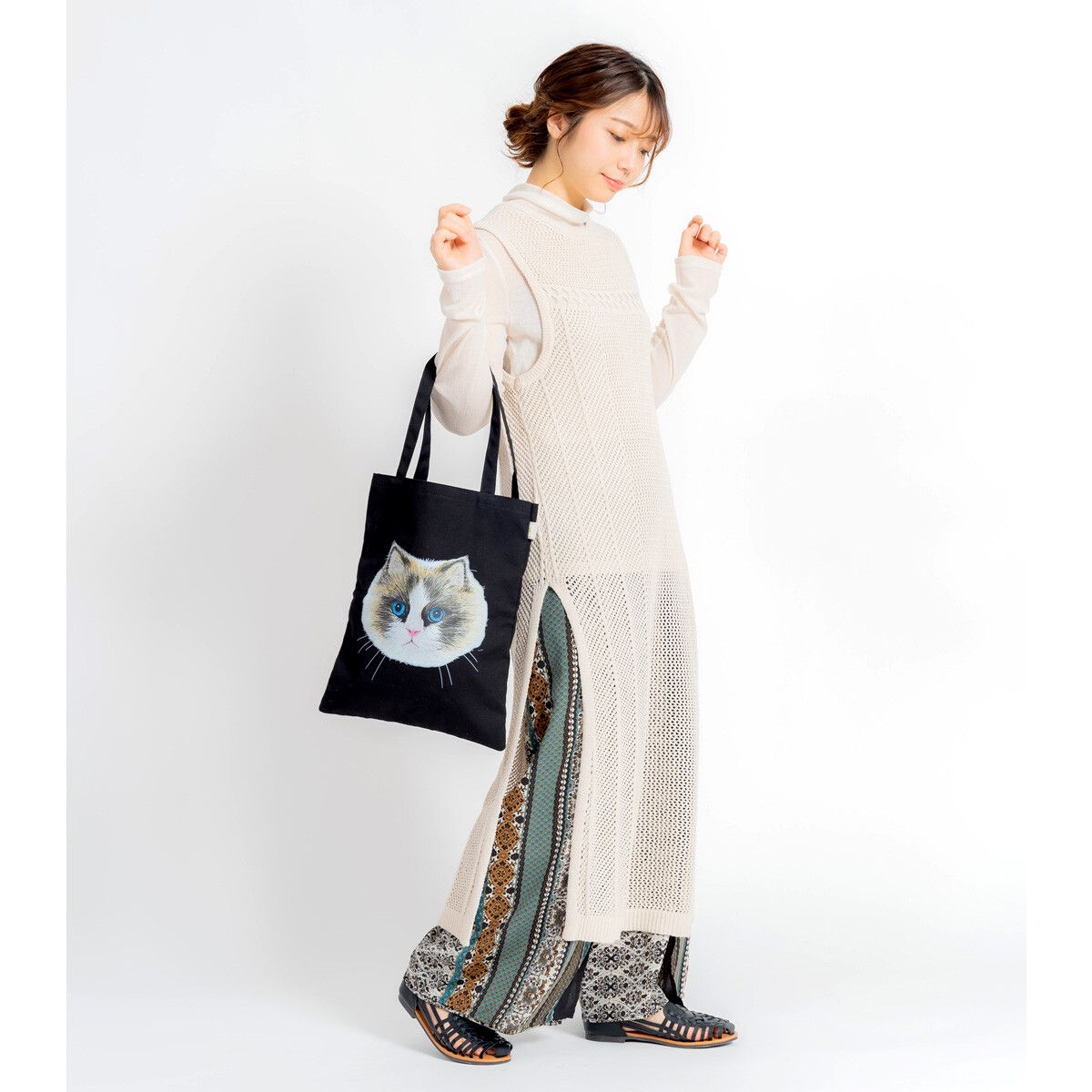 日本 Chepeli - 限量款 貓咪印花托特包/帆布包-曼赤肯貓-米杏 (38x30cm)