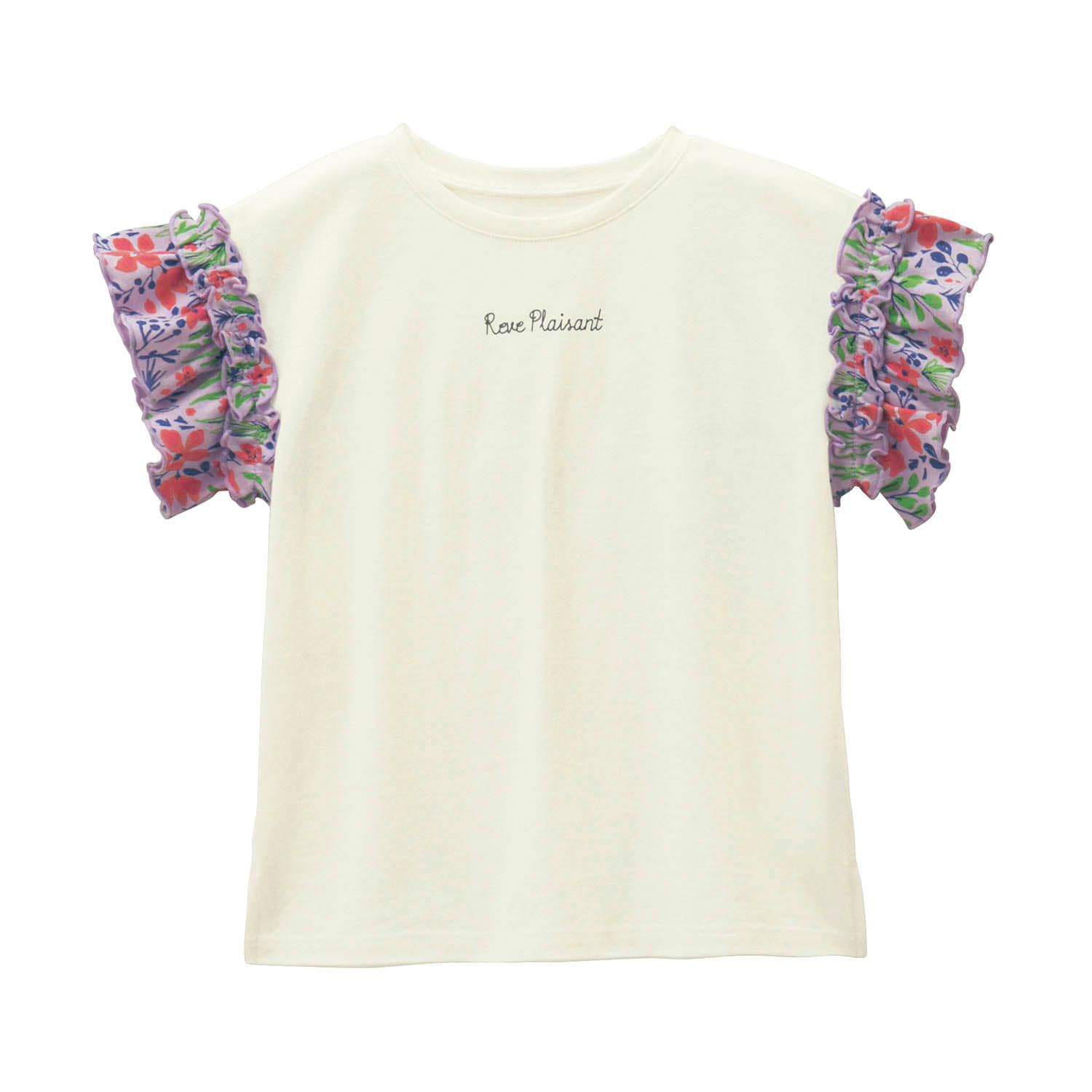 日本千趣會 - 碎花荷葉圓領短袖上衣-白x薰衣草