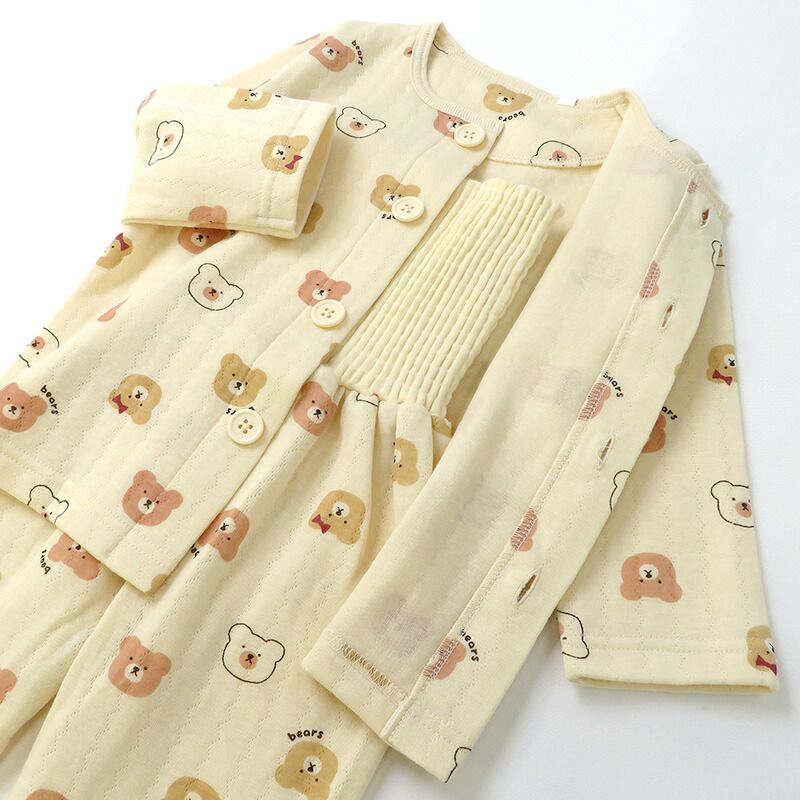 日本 ZOOLAND - 印花腹卷長袖家居服/睡衣-小熊-米杏