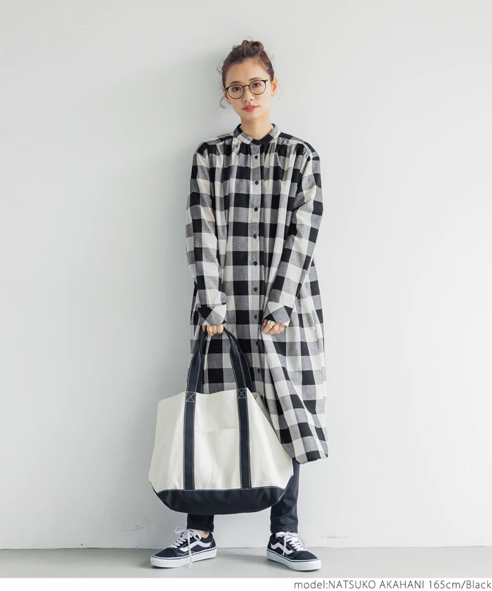 日本 COCA - 復古百搭黑白格子薄長袖襯衫洋裝/外套-黑白