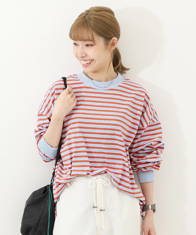 日本 devirock - [大人]100%棉 百搭條紋長袖上衣-白色圓領