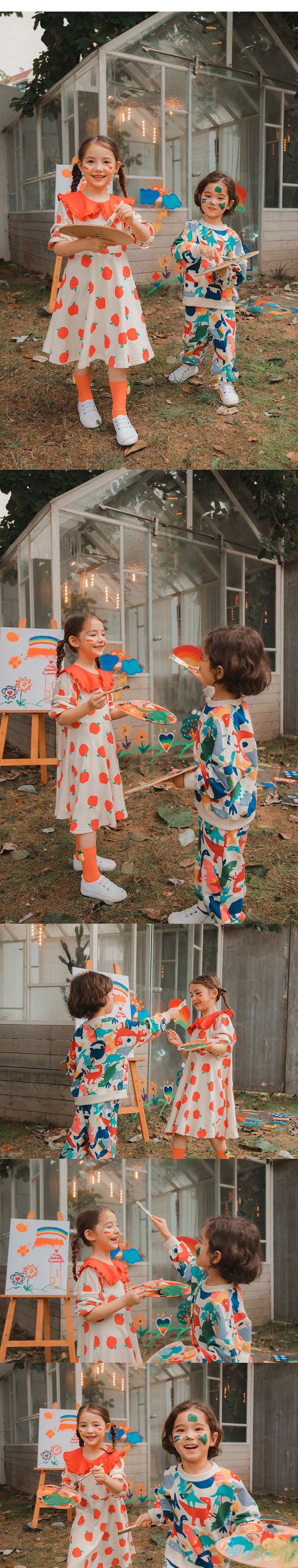 韓國 OZKIZ - 色塊恐龍圖印長袖套裝