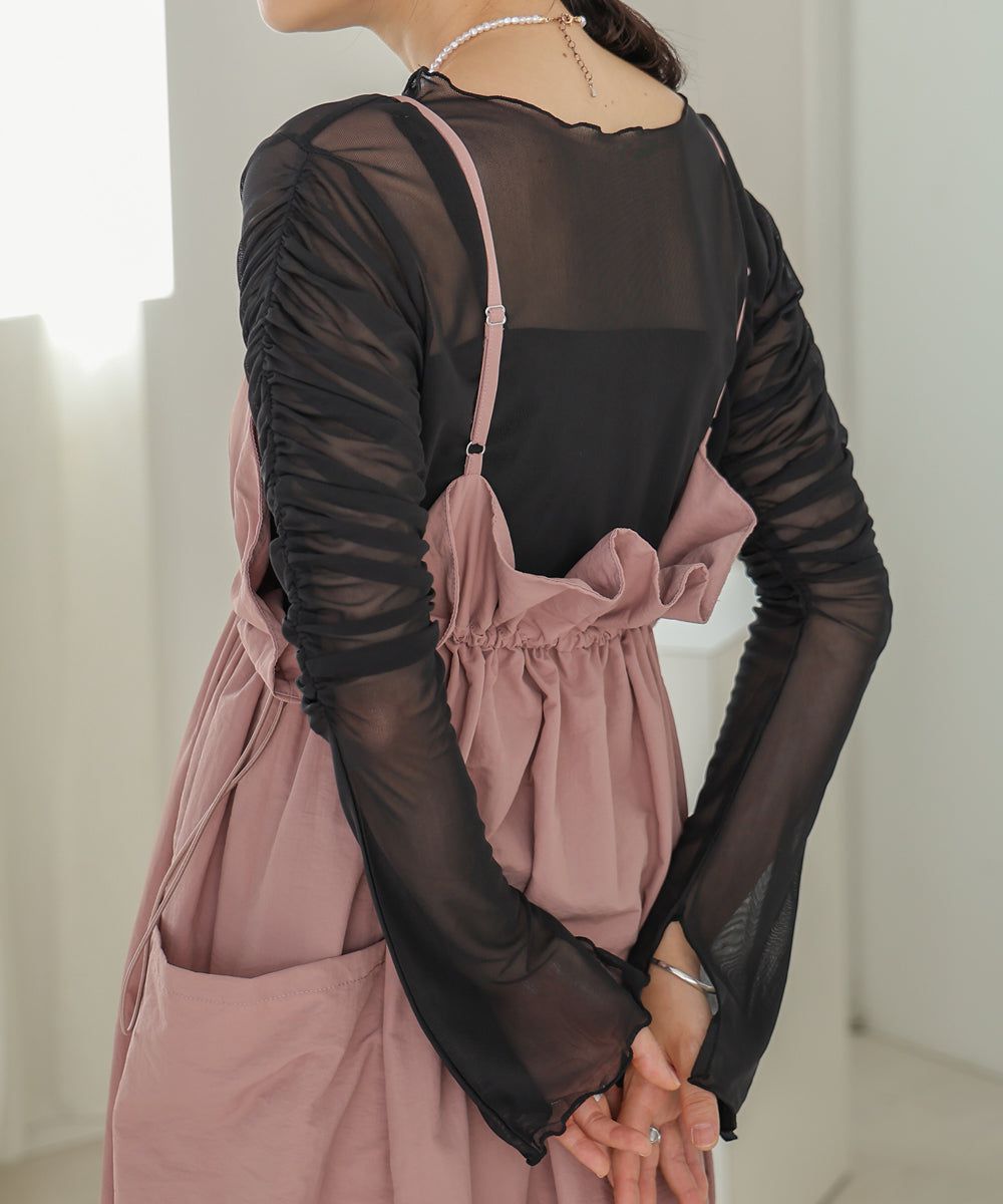 日本 Bab - 時尚透感抓皺長袖內搭/上衣-深可可