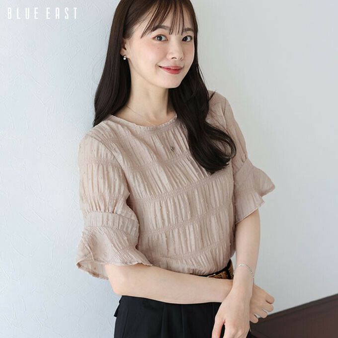 日本 BLUE EAST - 細緻圓點緹花透膚短袖上衣-白