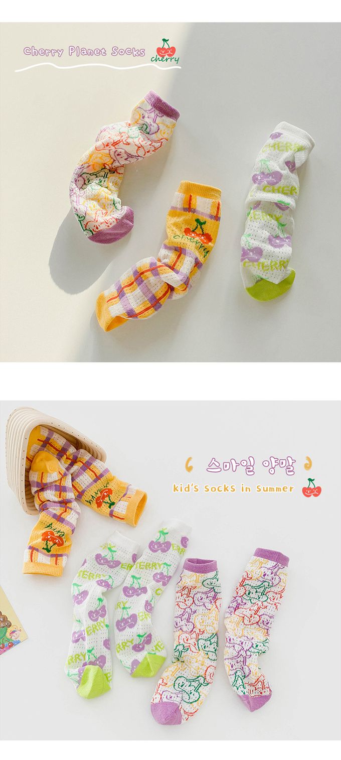 JB clothes - 三入一組-1179櫻桃星球網中筒眼襪