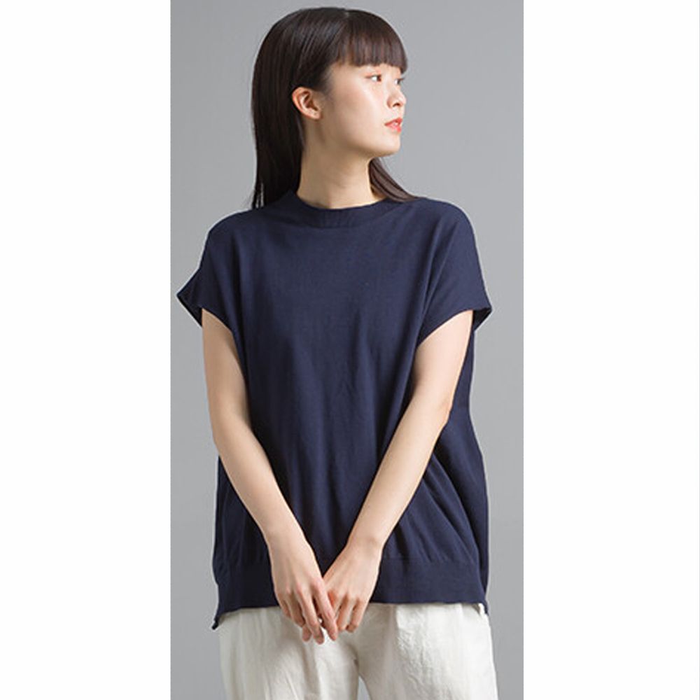 日本 OMNES - 純棉顯瘦二分袖針織上衣-深藍 (Free)