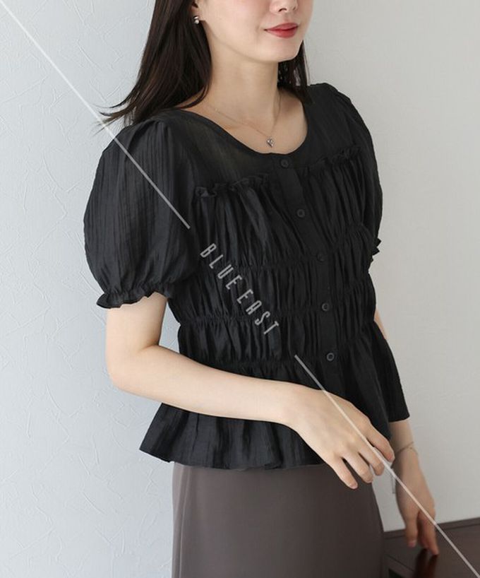 日本 BLUE EAST - 顯瘦皺摺荷葉泡泡短袖上衣-白