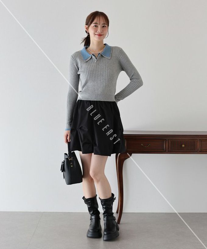 日本 BLUE EAST - 撞色雙層領針織polo長袖上衣-深灰x粉紅 (M)