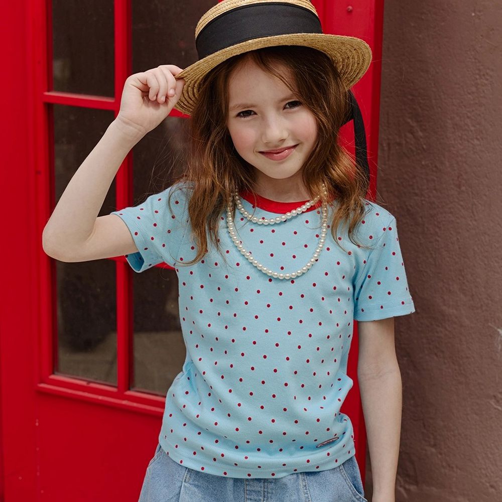 APPLE SMILE 可愛點點彈性短袖上衣-天藍