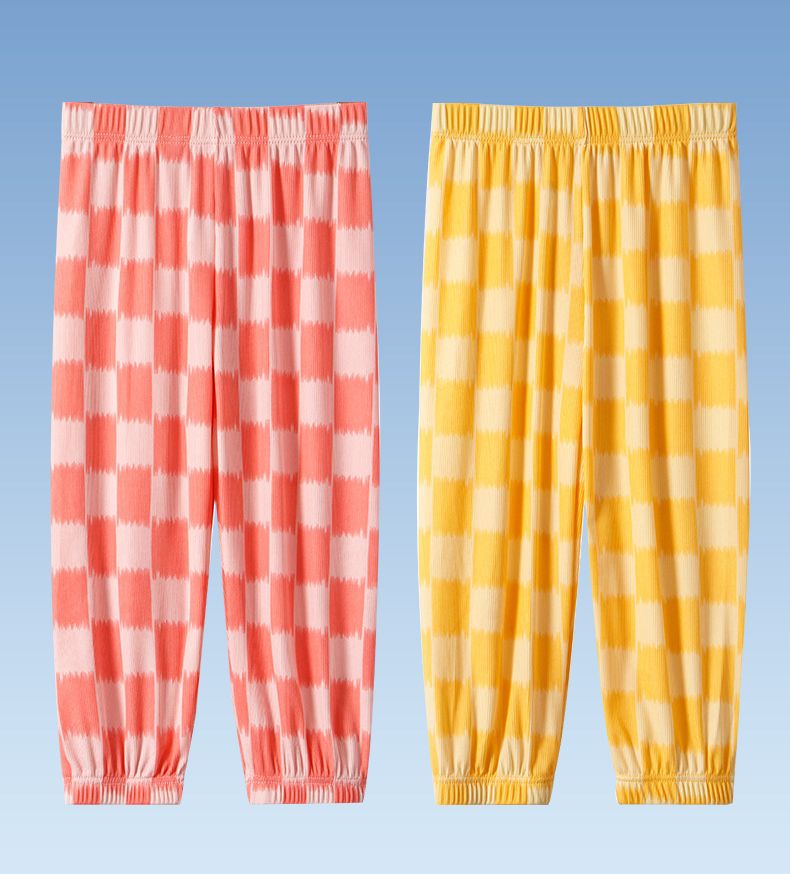 涼感透氣百搭防蚊褲/空調褲-大大格紋-黃色