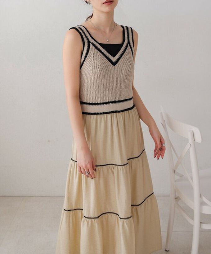 日本 Bab - 純棉針織拼接渡假風無袖洋裝-經典黑