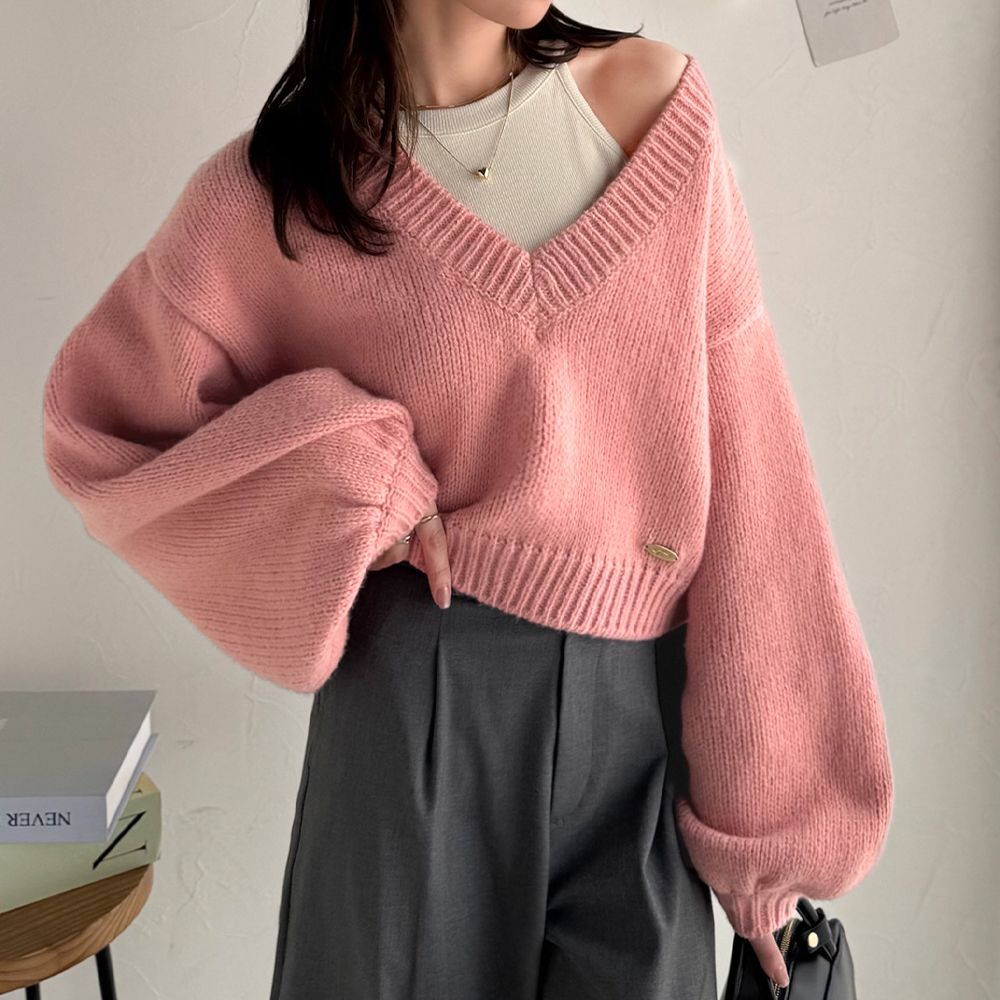 可愛大V領短版粗針織上衣-粉紅